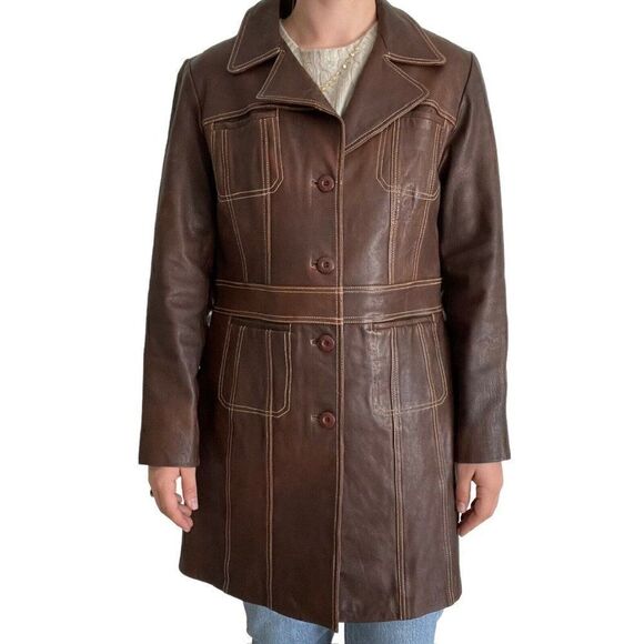 Vintage 90s Womens Wilsons Leather Brown Retro Mid Length Mid Mod Jacket Sz M - Picture 5 of 11